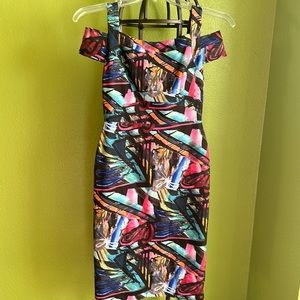 💖Nicole Miller abstract print pencil skirt dress with off the shoulder sleeves